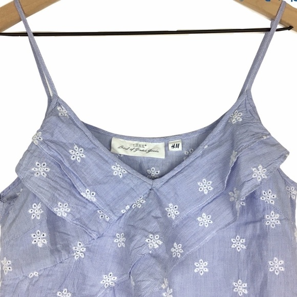 H&M LOGG Cami Top Eyelet Lace Stripe Spaghetti Strap Blue White Lightweight - Picture 2 of 7